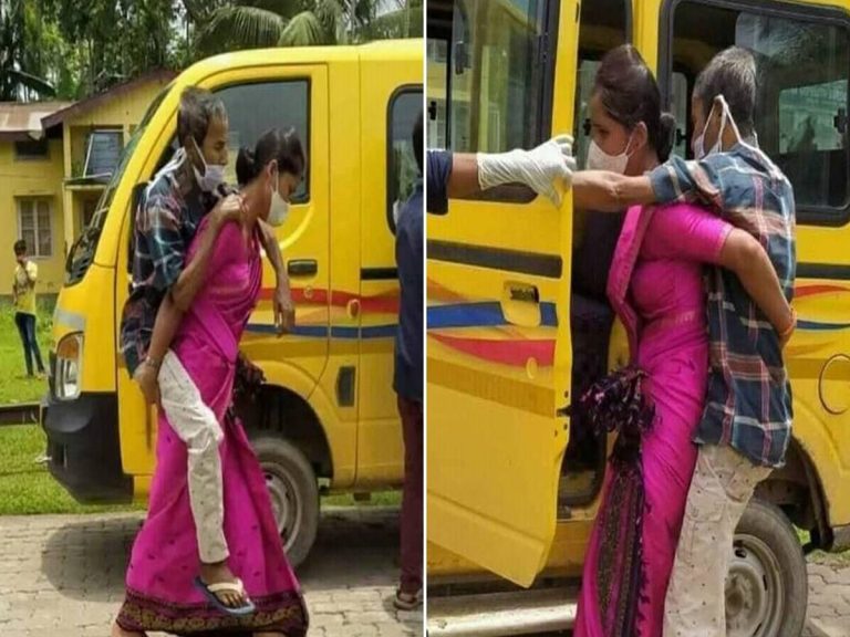 వీర‌వ‌నితః క‌రోనా రోగిని వీపుపై మోసి…