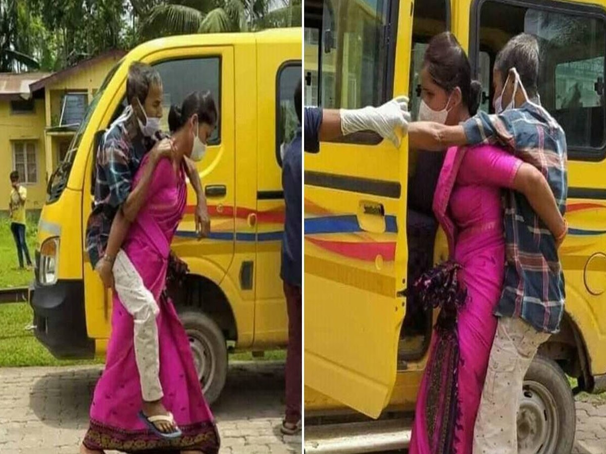 వీర‌వ‌నితః క‌రోనా రోగిని వీపుపై మోసి…