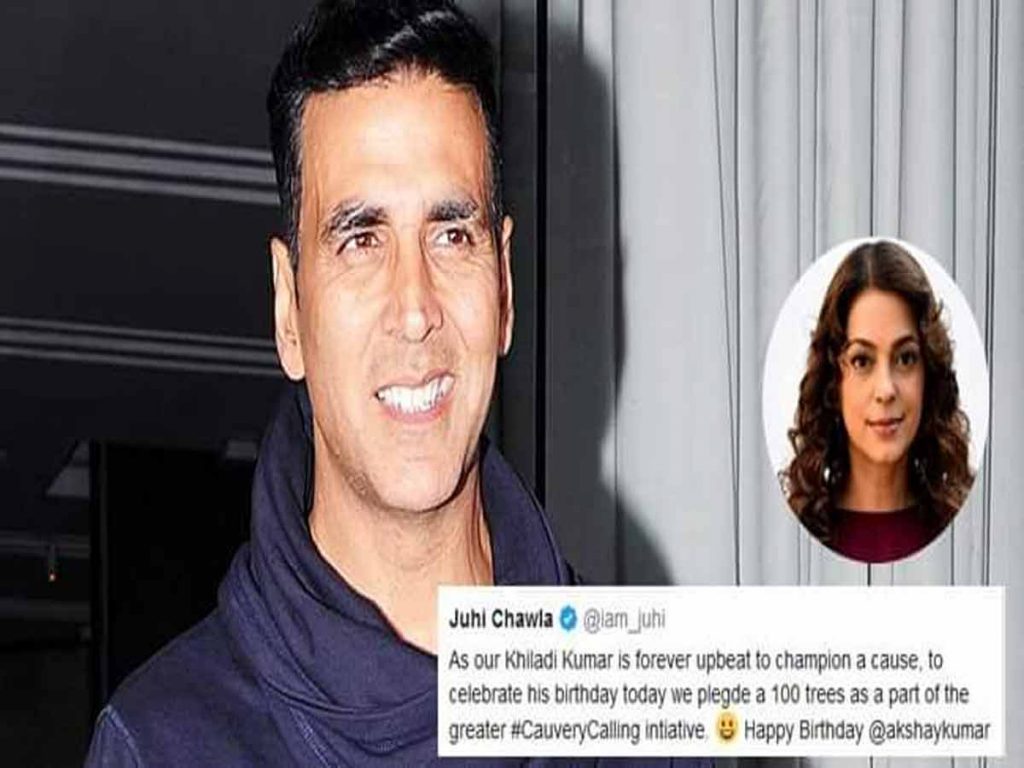 Juhi Chawla pledged 100 trees as a part of the Cauvery Calling campaign as Akshay’s birthday gift