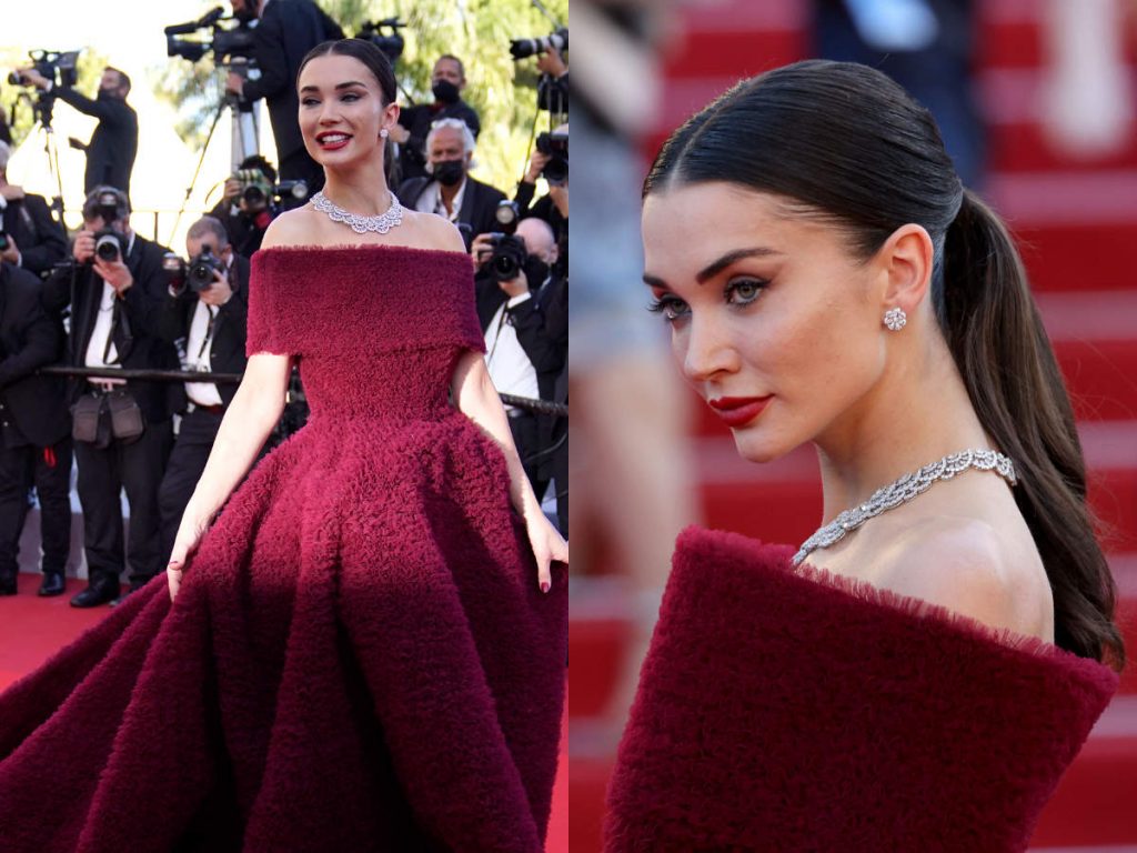 Amy Jackson stuns in burgundy ballgown at Cannes red carpet 2021