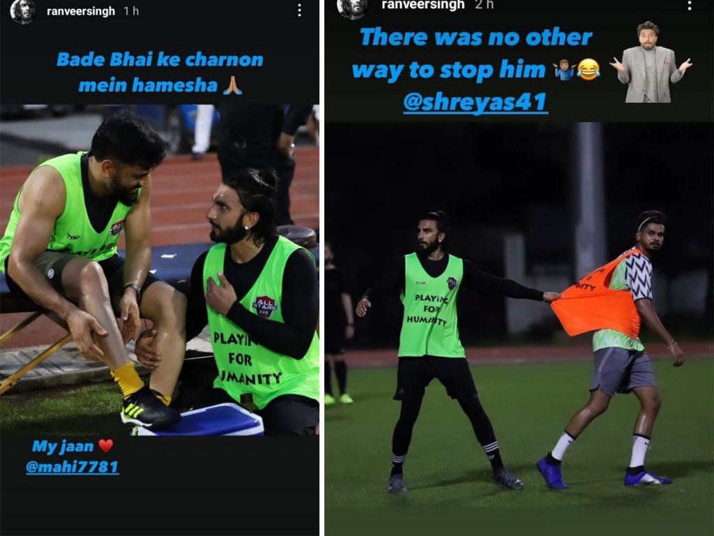 Ranveer Singh holds back Shreyas Iyer on the football field