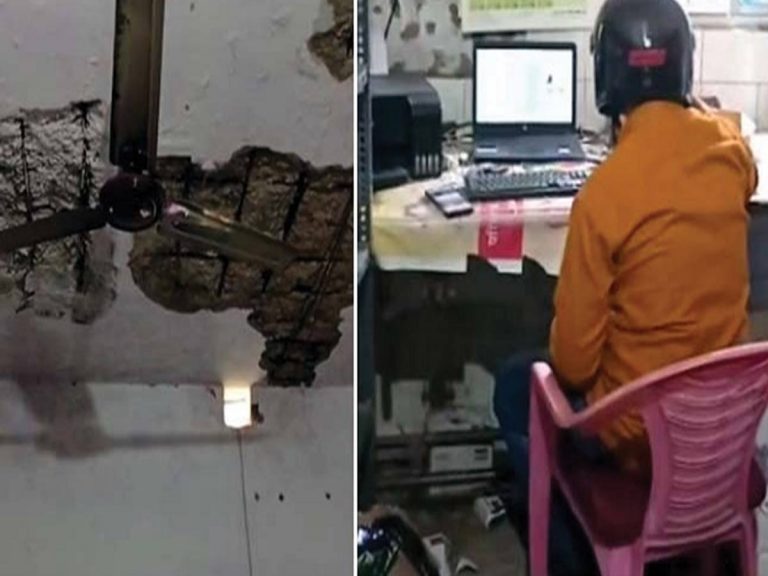 హెల్మెట్స్ పెట్టుకొని పనిచేస్తున్న ఉద్యోగులు.. ఎందుకో తెలిస్తే షాకే!