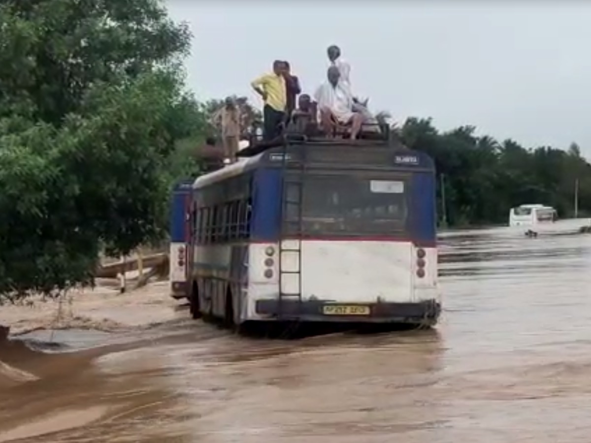 ప్రాణ భయంతో బస్సుపైకి ఎక్కిన ప్రయాణికులు