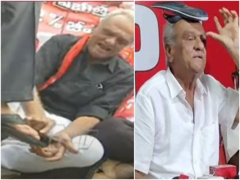 తలపై షూ.. చేతితో పాలిష్ ..నారాయణ రూటే సపరేటు