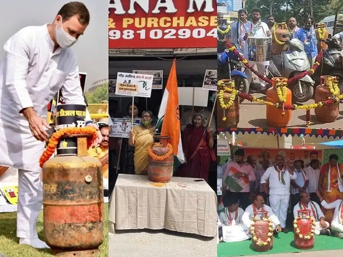 Congress Protest: సిలిండర్లకు దండలు వేసి రాహుల్ గాంధీ నిరసన