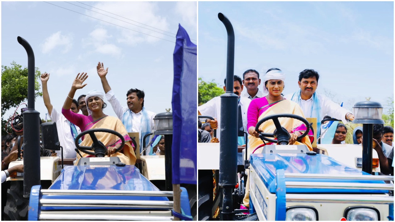 Sharmila Tractor: తలపాగా చుట్టి..  ట్రాక్టర్ నడిపిన షర్మిల