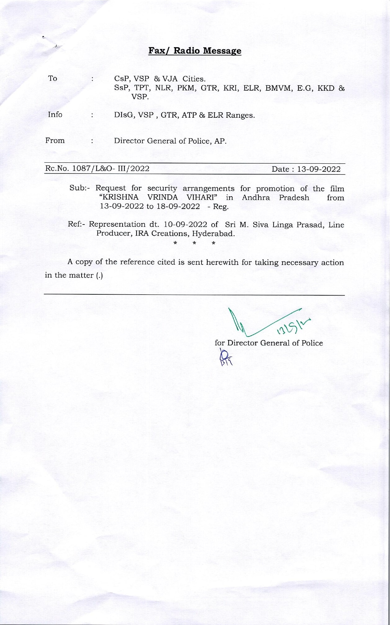 1087 L&o Iii 2022 Request For Security Arrangements For Promotion Of The Film Krishna Vrinda Vihari In Andhra Pradesh 0001 Page 0001 Min