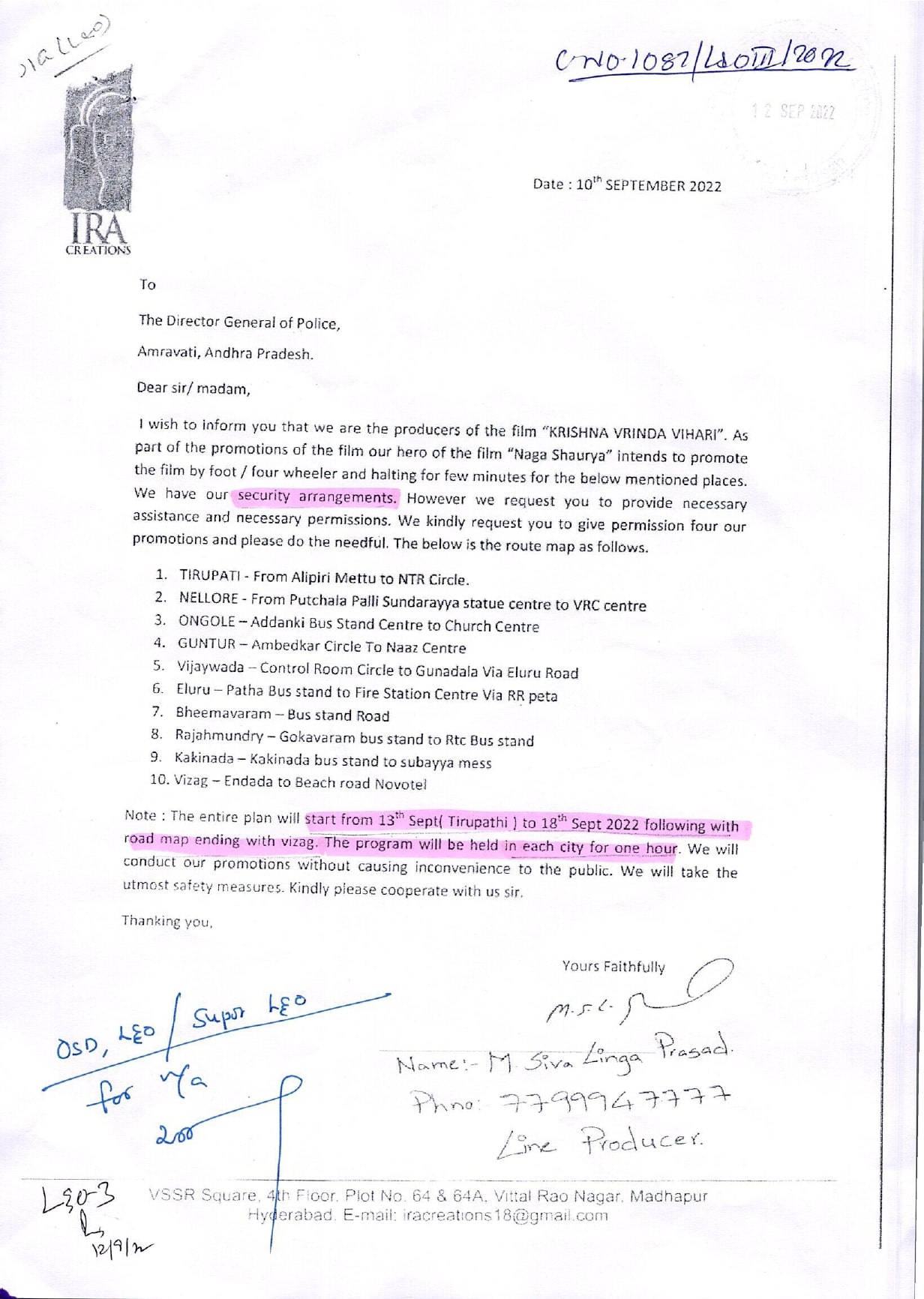 1087 L&o Iii 2022 Request For Security Arrangements For Promotion Of The Film Krishna Vrinda Vihari In Andhra Pradesh 0001 Page 0002 Min