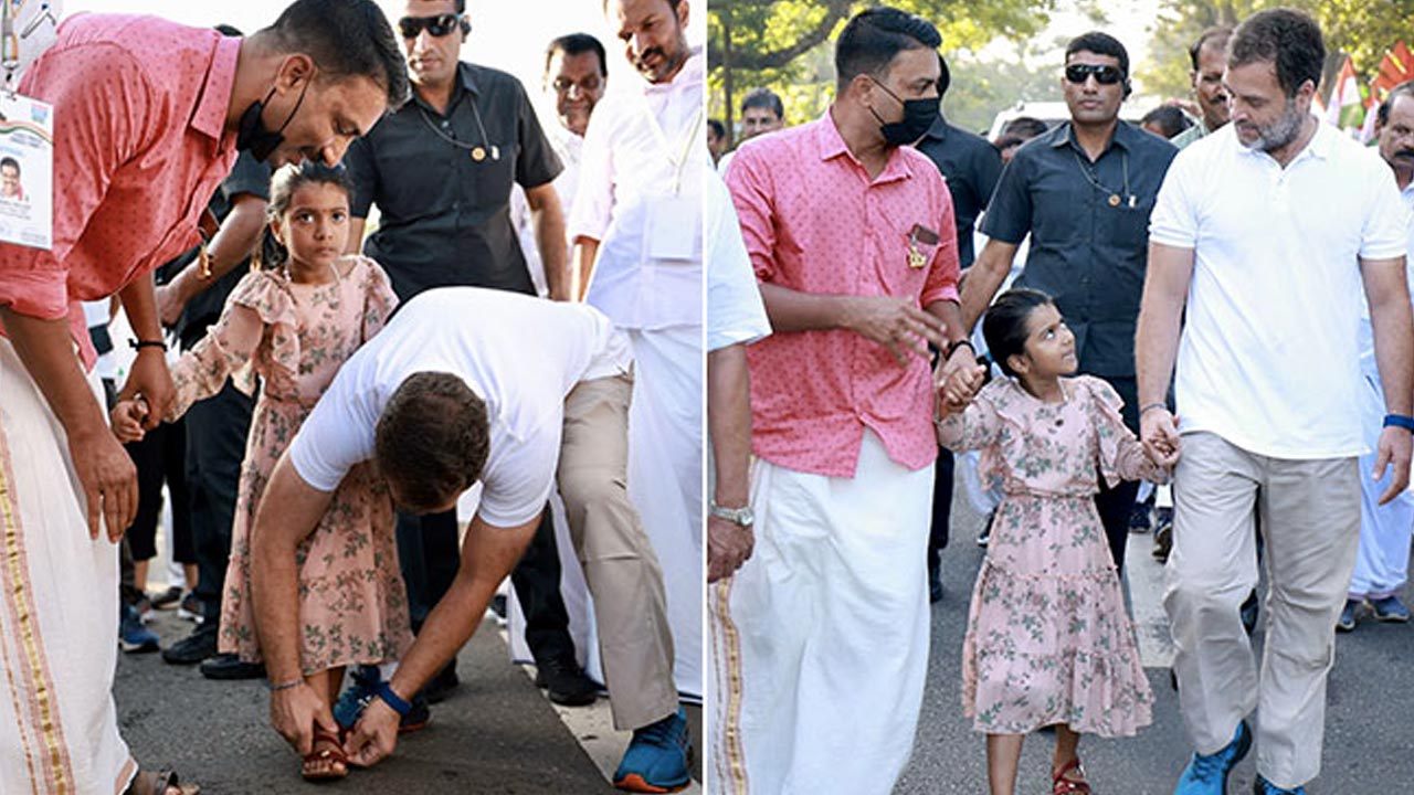 Rahul Gandhi : ఆసక్తికర ఘటన.. రాహుల్‌ నడుస్తున్న చిన్నారికి చెప్పుఊడిపోవడంతో..