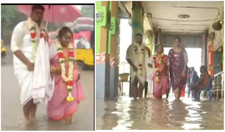 couples get married in waterlogged temple: వాననీటిలో ఒక్కటైన జంట.. ఎక్కడో తెలుసా?