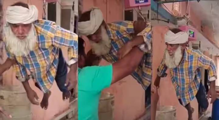 Viral Video : గాల్లో వేలాడుతున్న తాత.. కిందుంటే నరకుతానంటున్నాడు