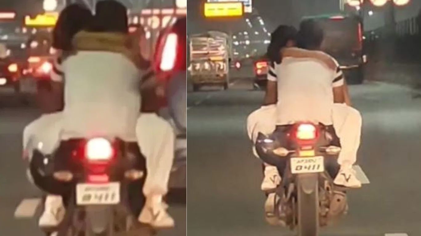 Lovers Romance Viral Video: గట్టిగా హత్తుకుని ముద్దులు.. బైక్‌పైనే లవర్స్ ఘాటు రొమాన్స్!  21 వేల ఫైన్