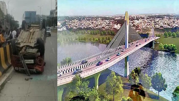 Road Accident: కేబుల్ బ్రిడ్జి వద్ద పల్టీ కొట్టిన కారు.. నలుగురికి గాయాలు