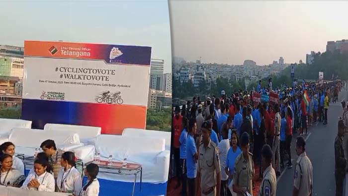 Election Commission: దుర్గం చెరువు కేబుల్ బ్రిడ్జ్ పై ఎలక్షన్ కమీషన్ ఓటర్ అవేర్నెస్ కంపెయిన్