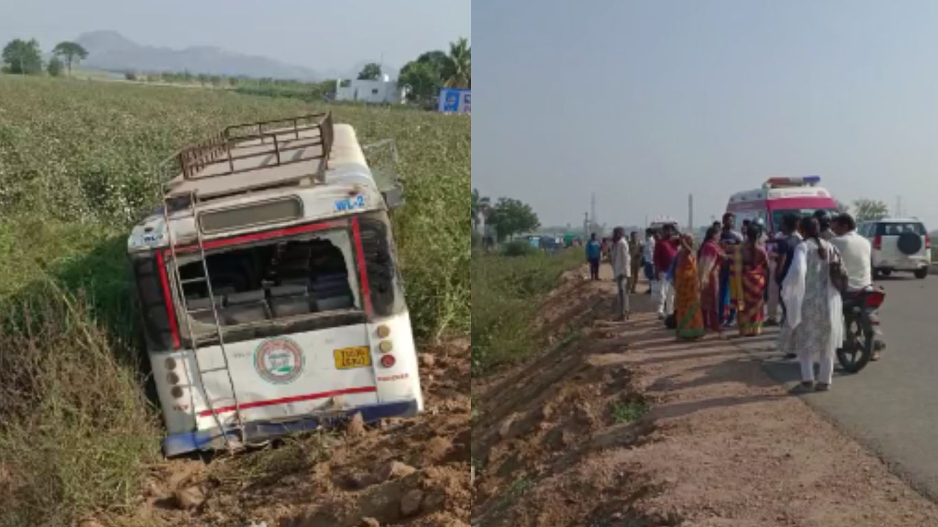 TSRTC Bus: పొలాల్లోకి దూసుకెళ్లిన ఆర్టీసీ బస్సు.. ప్రయాణికులకు స్వల్ప గాయాలు!