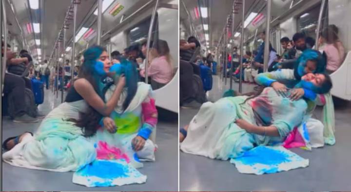 Delhi Metro Viral Video : ఢిల్లీ మెట్రోలో ఆశ్లీలంగా హోలీ ఆడిన యువతులు