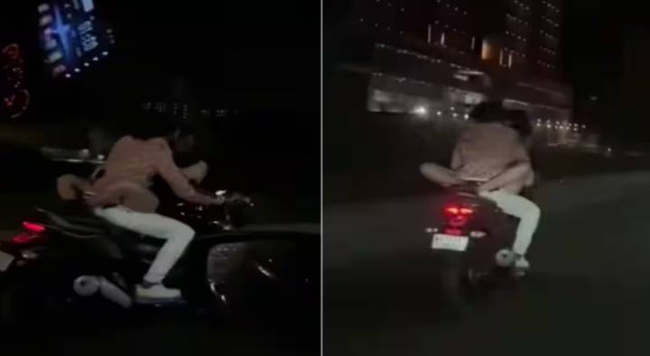 Couple Romance On Bike : బైక్ పై రెచ్చిపోయి రొమాన్స్ చేసిన యువ జంట.. ఎ ఫ్యూ మూమెంట్స్ లేటర్