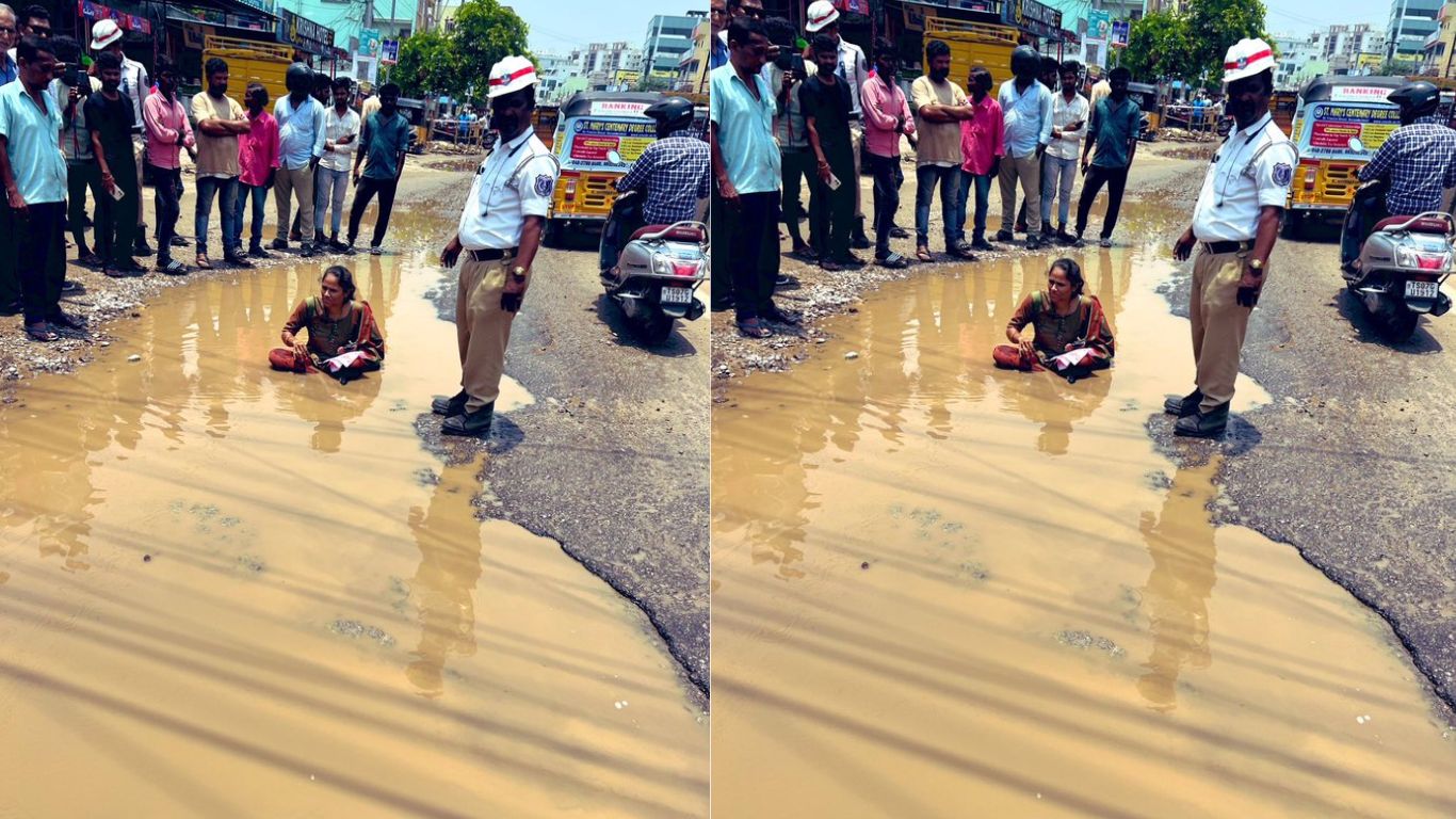 Hyderabad Roads: హైద‌రాబాద్ రోడ్లపై వర‌ద నీటిలో కూర్చుని మ‌హిళ నిర‌స‌న‌..