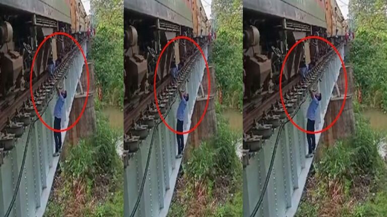 Train Stuck On Bridge: బ్రిడ్జి మీద ఆగిన రైలు.. గాల్లో వేలాడుతూ రిపేర్ చేసిన లోకోపైలట్లు..
