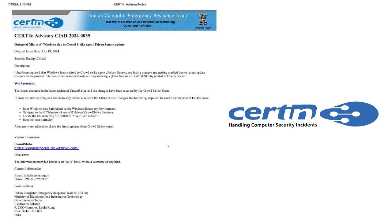 CERT Notes on The Microsoft Outage: భారత కంప్యూటర్ ఎమర్జెన్సీ రెస్పాన్స్ టీమ్ (CERT) కీలక సూచన..