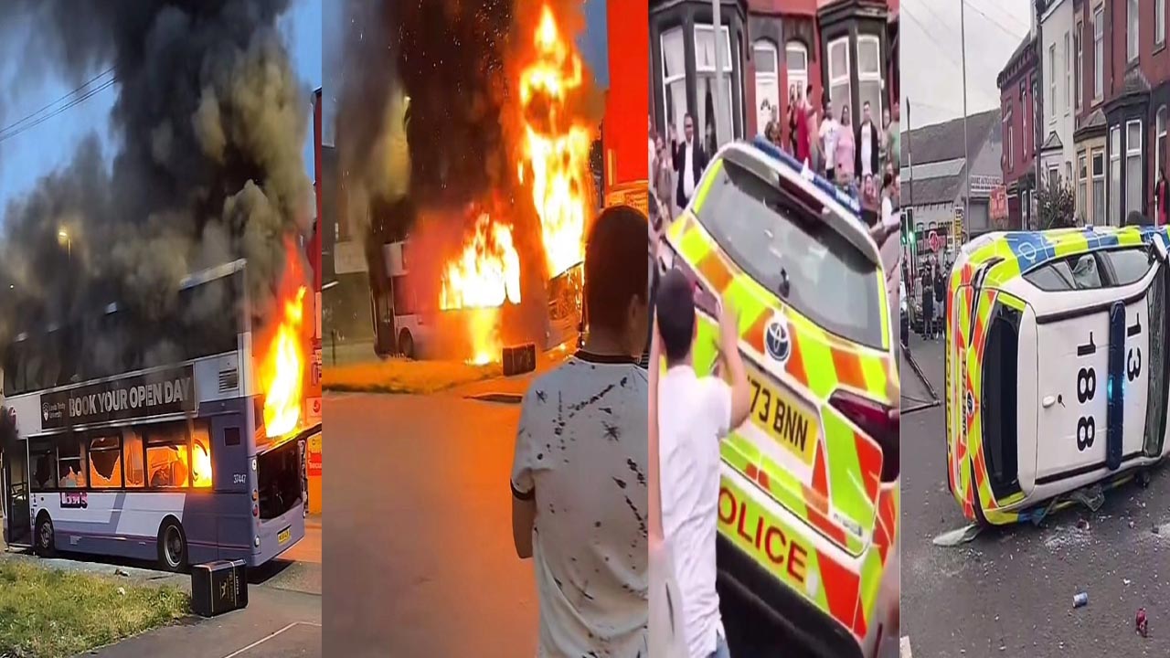 Leeds Riots: బ్రిటన్‌లోని లీడ్స్‌లో అల్లర్లు.. పోలీసు వాహనాల ధ్వంసం..!
