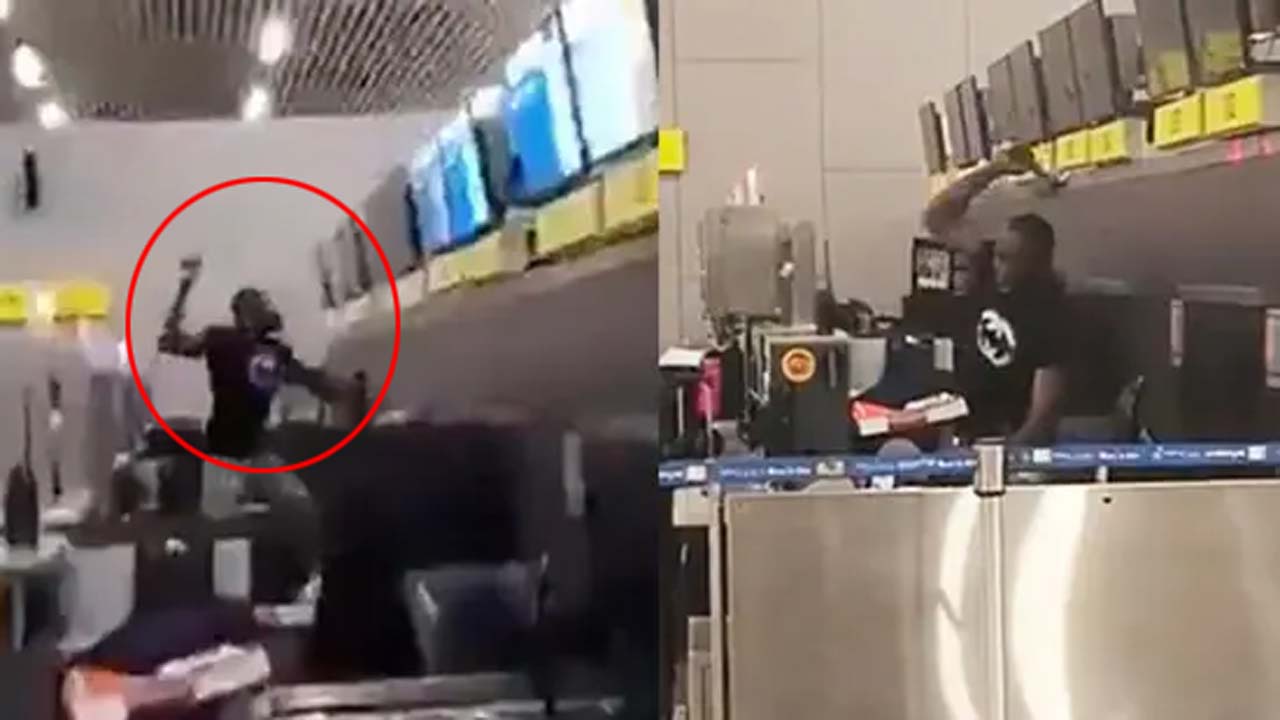 US: ఎయిర్‌పోర్టులో ప్రయాణికుడి వీరంగం.. సుత్తితో టీవీ స్క్రీన్లు ధ్వంసం