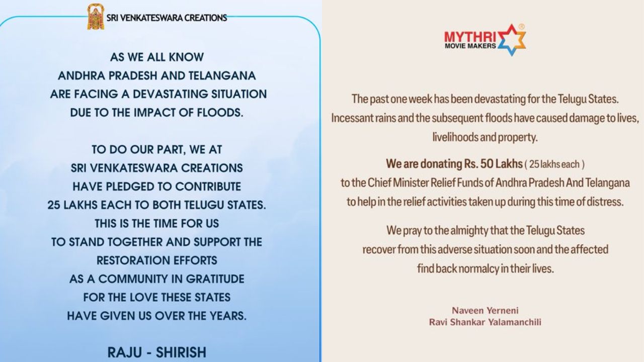 Mythri Official : వరద భాదితుల సహాయార్ధం సీఎం రిలీఫ్ ఫండ్ కు టాలీవుడ్ నిర్మాతల విరాళం..