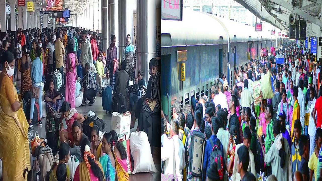 Festival Rush: హైదరాబాద్‌లోని బస్సులు, రైల్వే స్టేషన్లలో ప్రయాణికుల రద్దీ..