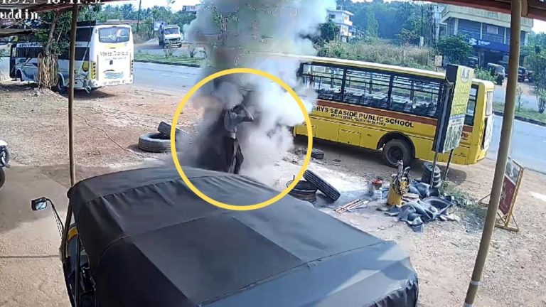 Karnataka: టైరు పేలి గాల్లో ఎగిరిపడ్డ మెకానిక్.. (షాకింగ్ వీడియో)