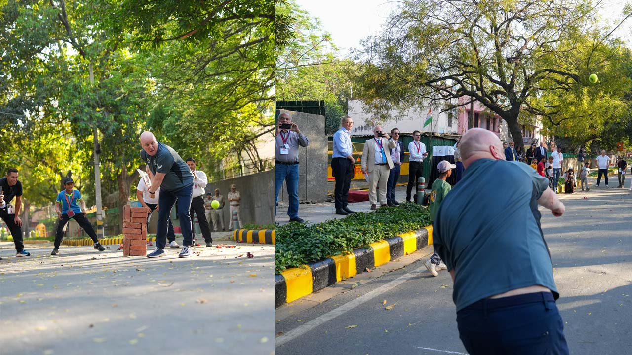 New Zealand PM Christopher Luxon plays cricket with children in Delhi