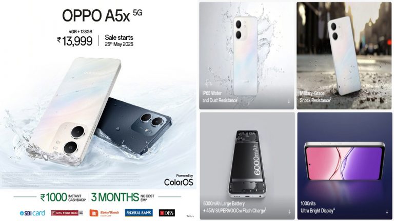 OPPO A5x 5G: రూ.13,999కే 6.67 అంగుళాల డిస్‌ప్లే, మిలిటరీ గ్రేడ్ బాడీ, 6000mAh బ్యాటరీతో ఒప్పో A5x లాంచ్..!