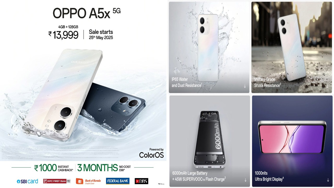 OPPO A5x 5G: రూ.13,999కే 6.67 అంగుళాల డిస్‌ప్లే, మిలిటరీ గ్రేడ్ బాడీ, 6000mAh బ్యాటరీతో ఒప్పో A5x లాంచ్..!