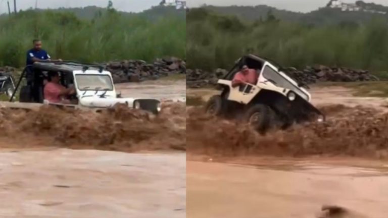 Viral Video: ఉద్ధృతంగా ప్రవహిస్తున్న వరద నీటిలోకి జీపుతో యువకులు.. చివరికి ఏమైందంటే?