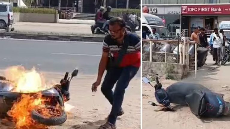 Scooter on Fire Outside Showroom: ఏంటీ సుధా వీడు.. బైక్ పని చేయకపోతే తగలెట్టేస్తాడా…
