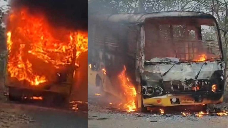 School Bus Catches Fire: విద్యార్థులతో వెళ్తున్న స్కూల్‌ బస్సులో మంటలు.. క్షణాల్లో బస్సు దగ్ధం..