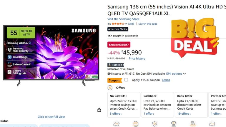 Samsung 55inch TV Offer: రూ.81,900 టీవీ ఇప్పుడు కేవలం రూ.45,990లకే.! టాప్ ఫీచర్స్ కూడా..!