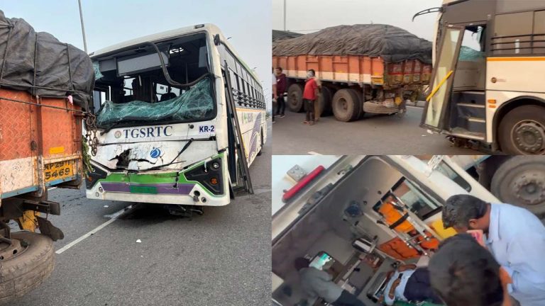 RTC Bus-Lorry Collision: గజ్వేల్ లో రోడ్డు ప్రమాదం.. ఆర్టీసీ బస్సు-లారీ ఢీ.. డ్రైవర్ కి తీవ్ర గాయాలు