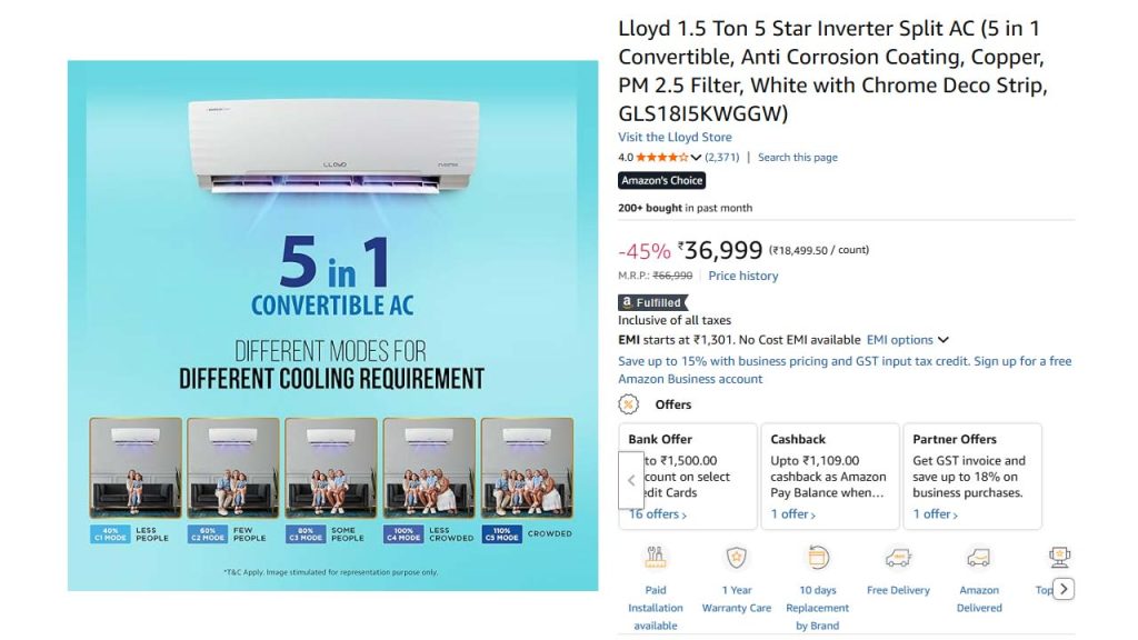 Lloyd 1.5ton 5star Ac