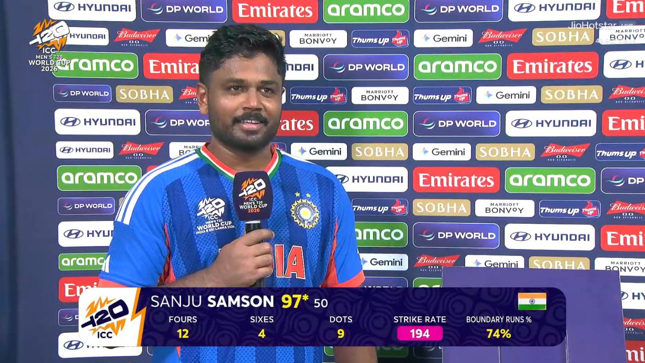 sanju samson emotional reaction after match winning 97 in ind vs wi t20 world cup 2026