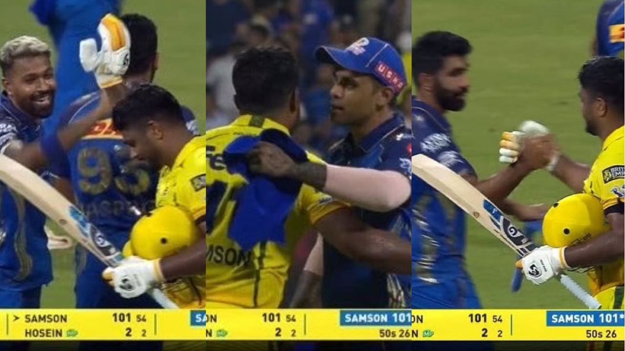 sanju samson century mumbai indians players hardik bumrah and sky applaud at wankhede