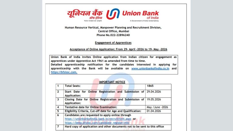 Union Bank Recruitment 2026: యూనియన్ బ్యాంక్ ఆఫ్ ఇండియాలో 1865 పోస్టులు.. మంచి జీతం