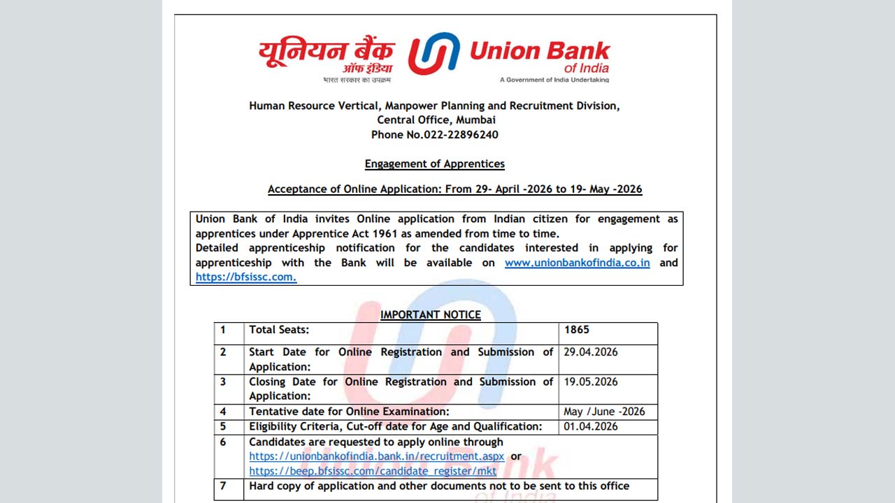 Union Bank Recruitment 2026: యూనియన్ బ్యాంక్ ఆఫ్ ఇండియాలో 1865 పోస్టులు.. మంచి జీతం