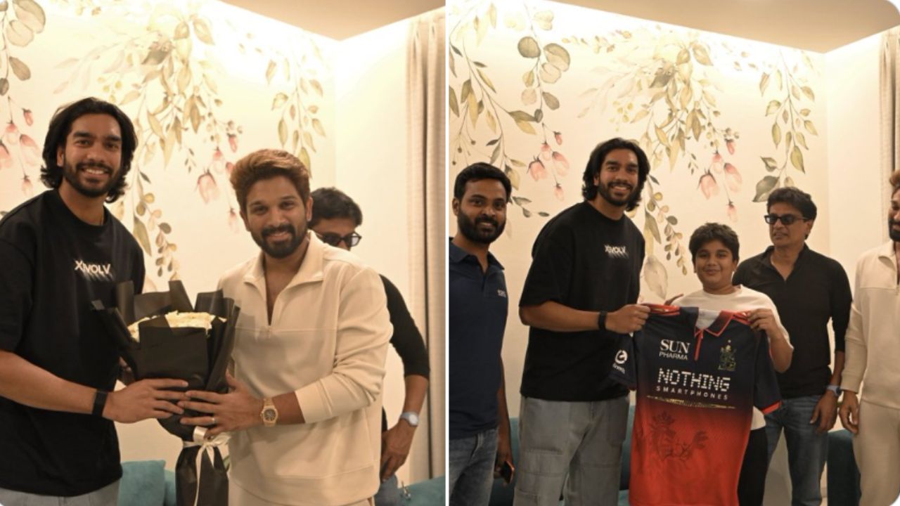 allu arjun meets cricketer venkatesh iyer special gift for allu ayaan goes viral