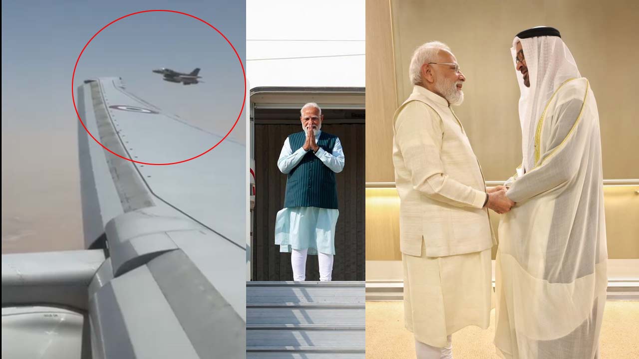 pm modi receives special honour in abu dhabi with f16 fighter jet escort