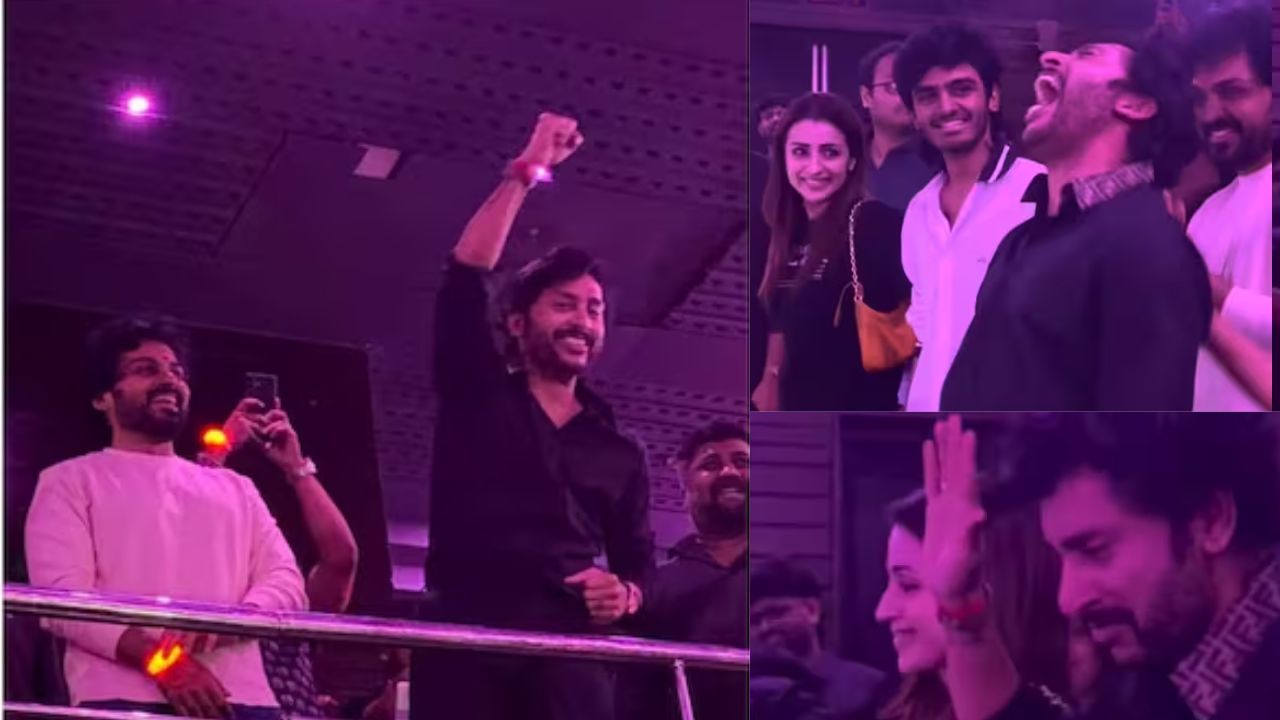 rj balaji cries in theatre trisha hugs him at karuppu screening