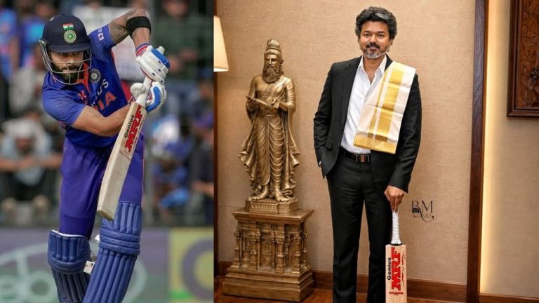 CM Vijay: సీఎం విజయ్ చేతిలో విరాట్ కోహ్లీ సైన్ చేసిన బ్యాట్.. సోషల్ మీడియాను ఊపేస్తున్న ఫొటో..