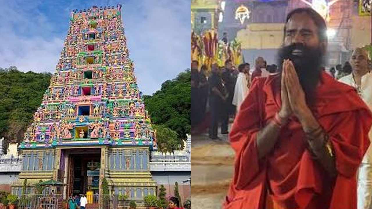baba ramdev visits kanaka durga temple in vijayawada praises cm chandrababu naidu