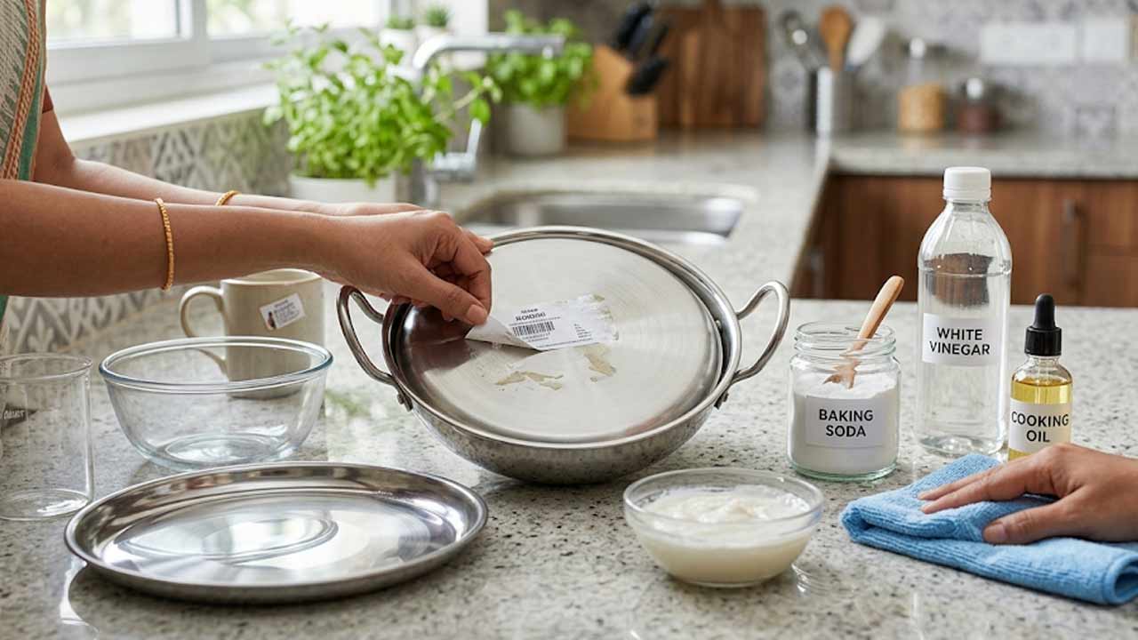 Kitchen Cleaning Tips: కొత్త పాత్రలపై ఉన్న మొండి స్టిక్కర్స్‌ పోవడం లేదా? ఈ ట్రిక్స్‌తో నిమిషాల్లో క్లీన్!