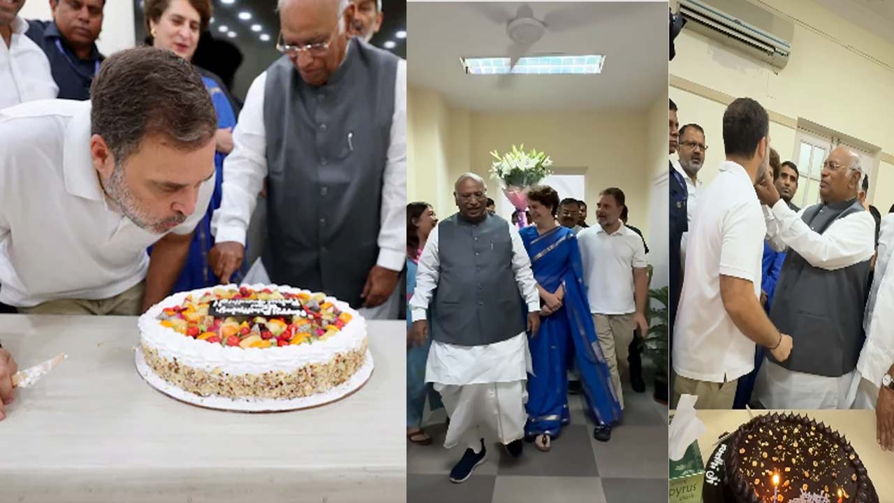 rahul gandhi cuts birthday cake with kharge celebrates with supporters