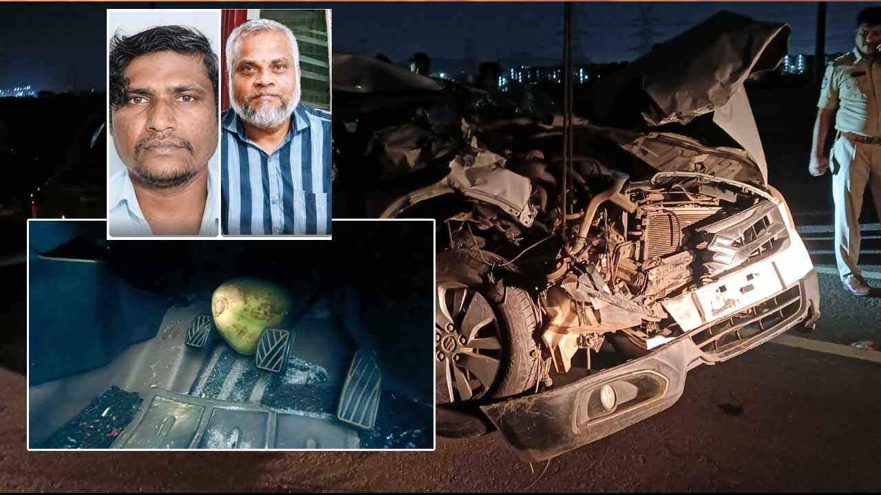 vijayawada road accident two killed after coconut gets stuck near car brake